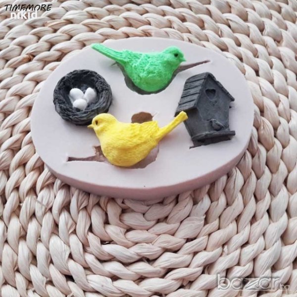 Птичка врабче къщичка с гнездо яйца  силиконов молд форма за декорация и украса торта фондан шоколад, снимка 1