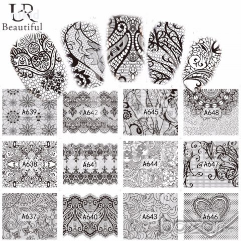 A625-672   48 бр черно бели дантела мрежа татос ваденки водни стикери за нокти маникюр, снимка 5 - Продукти за маникюр - 16866507