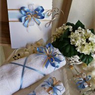 Комплект за кръщене в бежаво и светло синьо с кръстче, снимка 3 - Подаръци за кръщене - 16474133