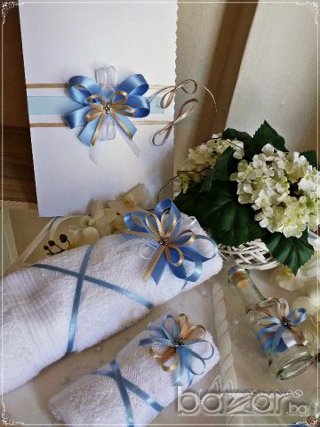 Комплект за кръщене в бежаво и светло синьо с кръстче, снимка 3 - Подаръци за кръщене - 16474133