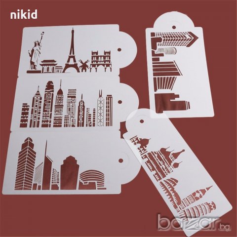 5 бр сгради архитектура  шаблон стенсил спрей за торта украса кекс декорация с пудра захар, снимка 2 - Други - 19818604