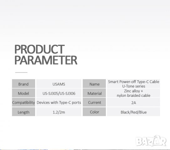 Интелигентен USB кабел - USAMS U-Tone US-SJ305 Type-C, снимка 2 - USB кабели - 26177323