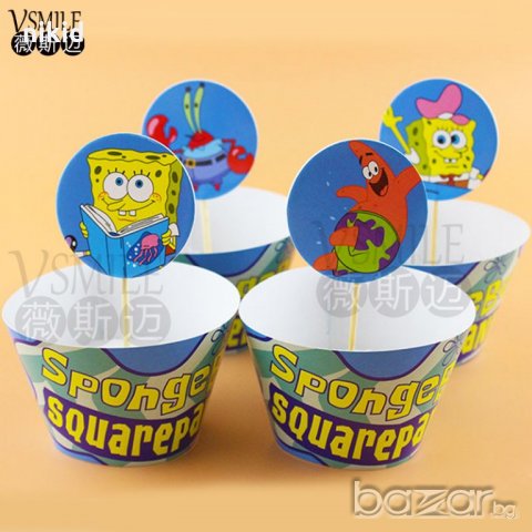 спондж боб Спонджбоб SpongeBob SPONGE 12 бр топери и кошнички украса декорация мъфини кексчета парти