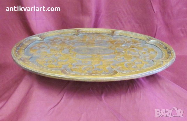 Стар дървен махагонов поднос ,ръчно резбован,монограм, снимка 2 - Декорация за дома - 24312453