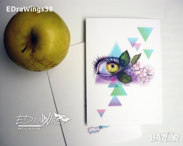 Картичка "Ябълка" / око, пролет, рисунка, принт, снимка 3 - Други - 21772271