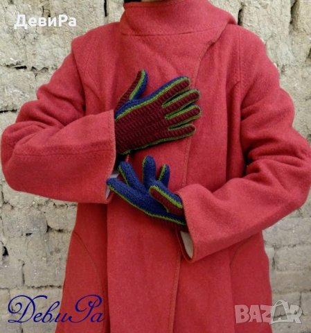 Плетени ръкавици ,,Зимни - сини с бордо горница и зелен контур", снимка 4 - Ръкавици - 24009581