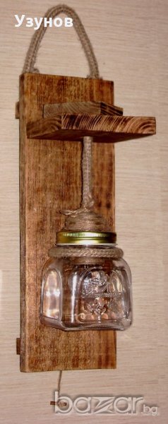 Уникална, ръчно изработена, стенна дървена битова лампа / осветление за механа ретро / винтидж, снимка 1