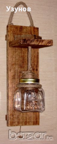Уникална, ръчно изработена, стенна дървена битова лампа / осветление за механа ретро / винтидж