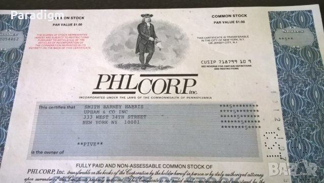 Сертификат за 5 акции (САЩ) | Phil Corp INC. | 1987г., снимка 2 - Нумизматика и бонистика - 25233328