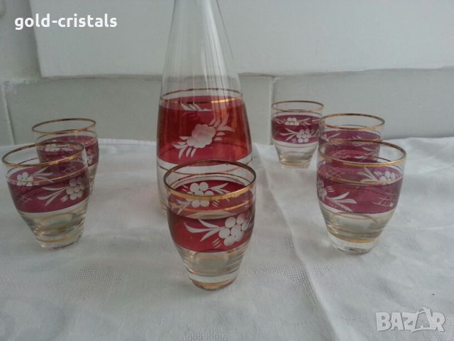 Ретро стъклени чаши за ракия и гарафа с златен кант, снимка 7 - Антикварни и старинни предмети - 23833445