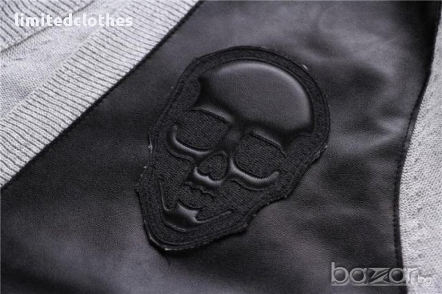 PHILIPP PLEIN GREY LEATHER SKULL Мъжка Жилетка тип Пуловер size M, снимка 9 - Пуловери - 9069376