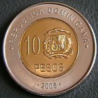 10 песо 2008, Доминиканска република, снимка 2 - Нумизматика и бонистика - 22877909