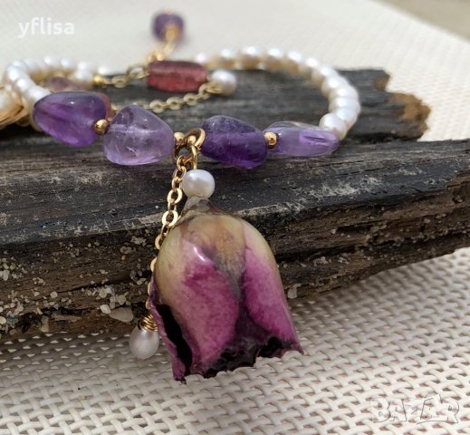 Фешън обици с естествени перли, седеф и истинска роза, снимка 5 - Обеци - 25532212