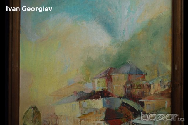 Голяма стара картина, пейзаж, Б.Русенов, 1993 г., 105х72 см., снимка 5 - Други ценни предмети - 18616110