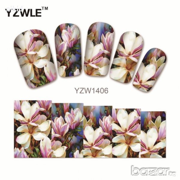 YZW-1406 бяло- кафяви цветя  ваденки водни стикери за нокти маникюр, снимка 1