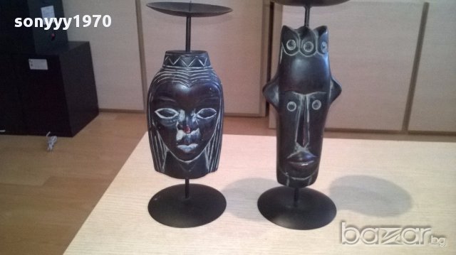 Африкански свещници-2бр дърво/метал 28х10см-внос швеицария, снимка 5 - Антикварни и старинни предмети - 17808651