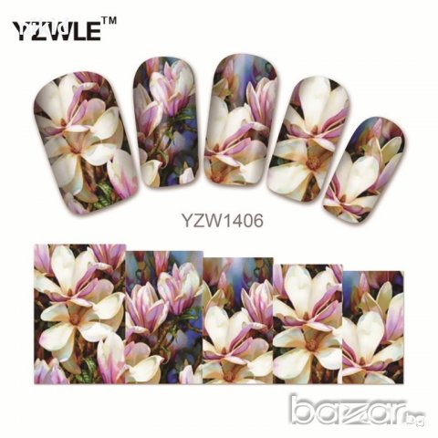 YZW-1406 бяло- кафяви цветя  ваденки водни стикери за нокти маникюр