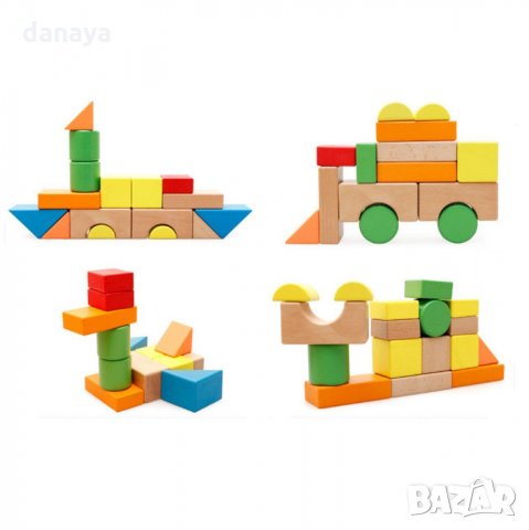 660 Детски многоцветен дървен конструктор 32 части геометрични фигури с картинки, снимка 3 - Рисуване и оцветяване - 23658665