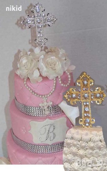 Огромен Кръст Метален с диамантени камъни топер за Кръщене торта пита украса, снимка 1