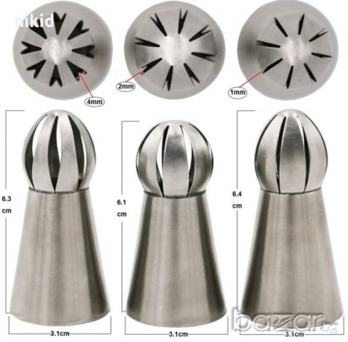 3 бр сет заоблен кръгъл отвори накрайник пош цвете руска дюза за украса декор торта фондан шприц, снимка 2 - Аксесоари за кухня - 18649296