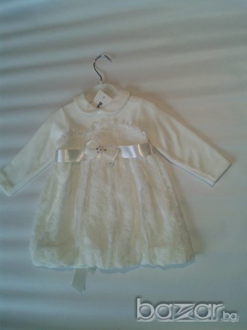  Бяла Детска Рокля  памучен плюш с дантела, тип балон, снимка 5 - Бебешки рокли - 9540453