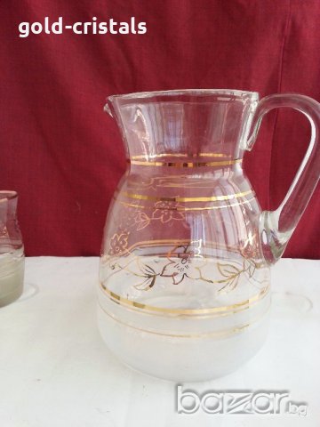 Стъклена кана с чаши с златни кантове и цветя , снимка 6 - Антикварни и старинни предмети - 19238832