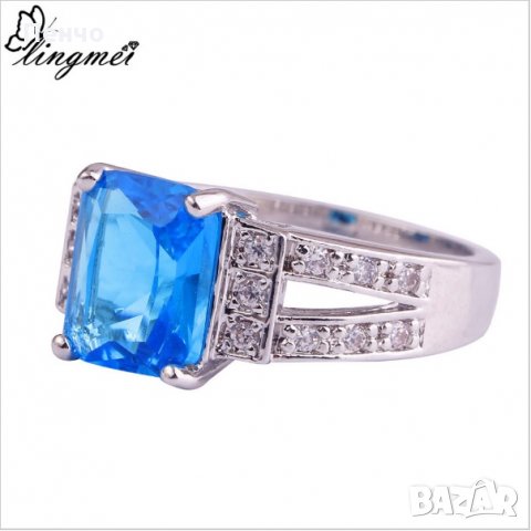 Посребрен пръстен със син камък, фини кралски бижута със цирконий, бижу унисекс моден младежки, снимка 4 - Пръстени - 21871788