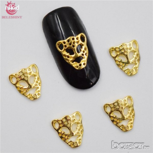 2 бр - леопард пума  глава бижу за нокти златиста декорация украса за маникюр, снимка 1
