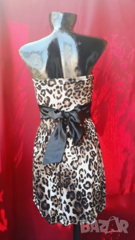 Къса рокля бюстие леопардов принт и панделка тип балон С/М, снимка 2 - Рокли - 22608894