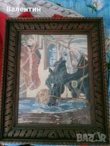 Гоблен "Коне на водопой" с масивна дървена рамка, снимка 6 - Гоблени - 22221501