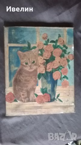 картина-цветя и коте, снимка 1 - Картини - 23667439