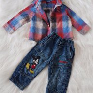 Карирана риза и дънки Мики Маус 9-12 месеца , снимка 2 - Комплекти за бебе - 17482594