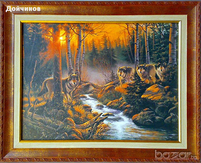 Вълци на залез слънце, картина за ловци, снимка 1