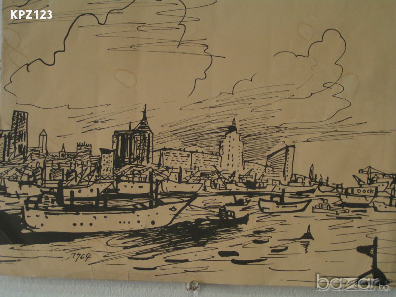 Рисунка на река с кораби, туш върху картон, снимка 1