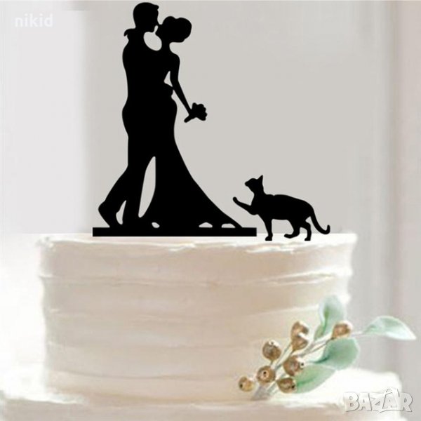 двойка младоженци с коте пластмасов топер украса табела за сватбена сватба торта, снимка 1