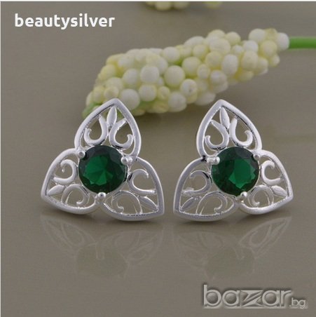 Сребърни обеци и пръстен със зелен или син Цирконий, код 0519, снимка 4 - Бижутерийни комплекти - 11006143