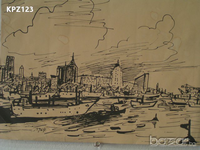 Рисунка на река с кораби, туш върху картон, снимка 1 - Картини - 14589727