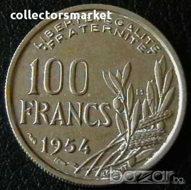 100 франка 1954 В, Франция, снимка 1 - Нумизматика и бонистика - 11703335