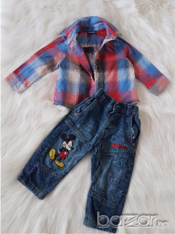 Карирана риза и дънки Мики Маус 9-12 месеца , снимка 2 - Комплекти за бебе - 17482594