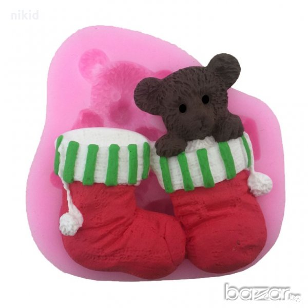 Коледно мече в чорап ботуш силиконов молд декорация украса фондан торта мъфини и др, снимка 1