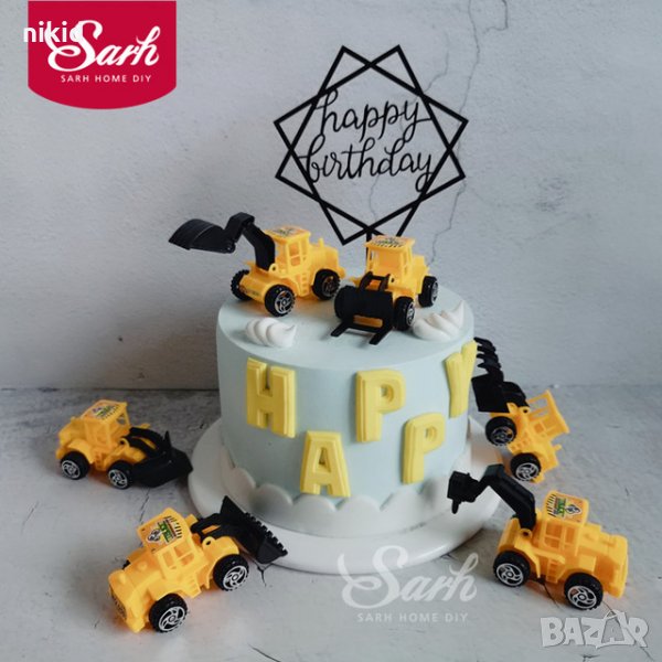 6 бр Багери багер кран строителни машини подвижни гуми пластмасови PVC фигурки за игра декор торта , снимка 1