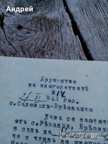 Удостоверение от дружеството на многодетните 1943 г. , снимка 2 - Антикварни и старинни предмети - 19580009