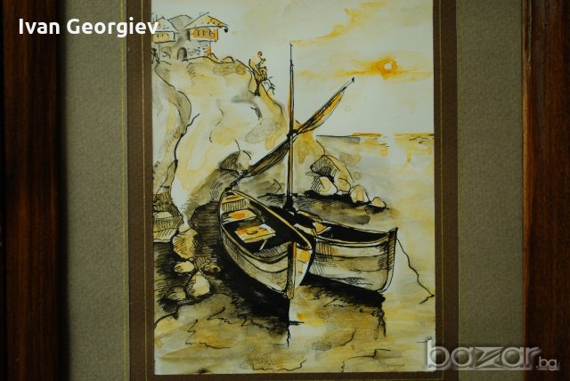 Стара картина, туш и акварел, Лодки, Р. Стайкова, снимка 3 - Картини - 21313884