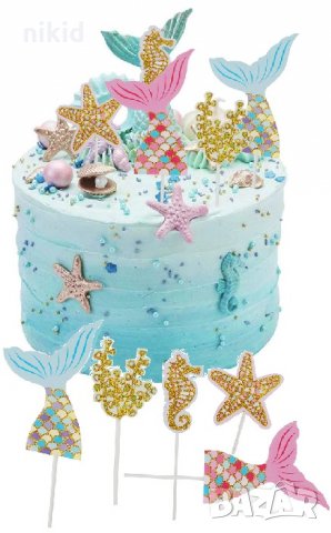Морско дъно Опашка Русалка морско конче  водорасло 5 бр брокатени топери украса декор за торта парти