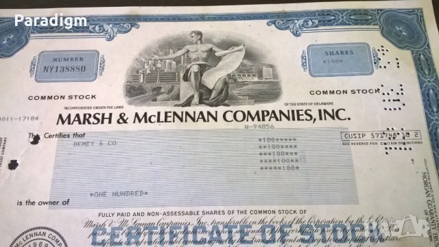 Сертификат за 100 акции (САЩ) | Marsh & McLennan Companies, INC. | 1981г., снимка 2 - Нумизматика и бонистика - 25233190