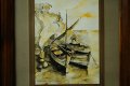 Стара картина, туш и акварел, Лодки, Р. Стайкова, снимка 3