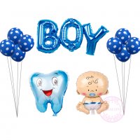 Boy момче бебе зъбче сет 12 бр балони латекс + фолио фолиев хелий или въздух парти рожден ден