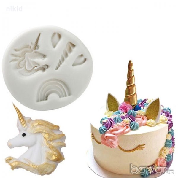 Глава еднорог рога дъга силиконов молд форма декорация и украса торта фондан бисквитки, снимка 1