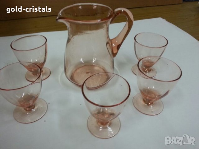 стари стъклени чаши и кана за ракия розово стъкло, снимка 3 - Антикварни и старинни предмети - 25134680