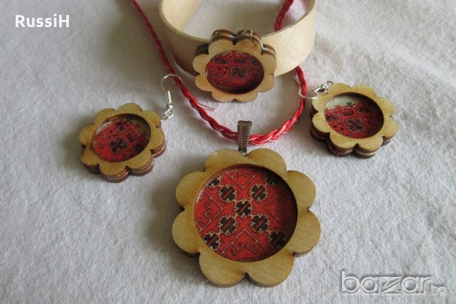 Дървени бижута с българска шевица, снимка 6 - Бижутерийни комплекти - 21426118